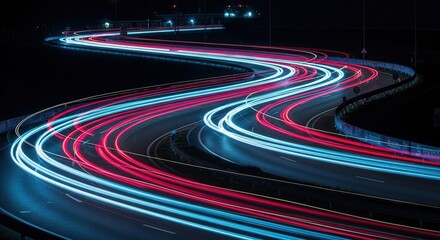 Long exposure shot of light trails on a highway at night in the city