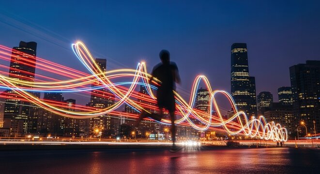 Silhouette of a runner in front of the city skyline with light trails