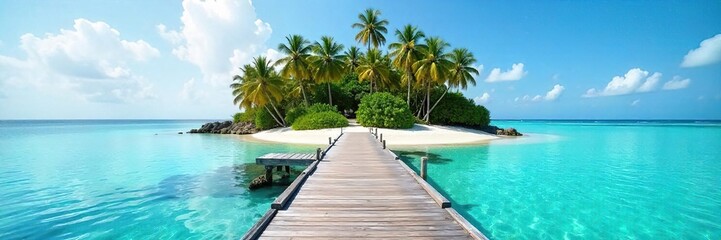 Serene island dock extending into calm turquoise water, surrounded by lush tropical foliage  Perfect for travel, vacation, and idyllic getaway imagery ,  wooden,  tranquility