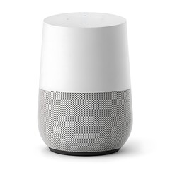 A white smart home speaker with a gray perforated fabric base on a white background in a studio shot