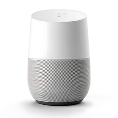 A white google home speaker with a mesh bottom and lights on top on a white background isolated
