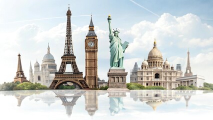 Famous world landmarks including Eiffel Tower Big Ben Statue of Liberty and Pyramids reflected in water