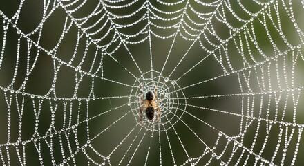 Obraz premium Dew-kissed spiderweb with a spider resting in its center, intricate details visible.