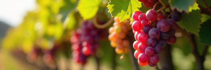 Close-up view of ripe, sun-drenched wine grapes hanging on the vine, ready for harvest Vibrant colors and textures showcase the bounty of the vineyard , food, grapevine, wine bottle