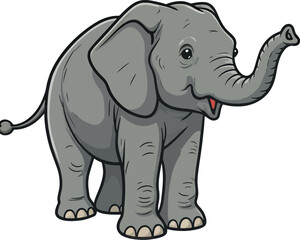Obraz premium Adorable cartoon elephant character standing with a happy smile and raised trunk. A charming and playful gray animal mascot illustration isolated on a white background