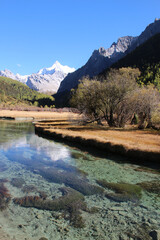 Majestic snow peaks tower over serene alpine rivers and lakes  Yading Nature Reserve, Sichuan, China