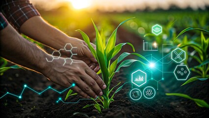 Hands planting corn seedling in soil with futuristic smart farming technology icons overlay 
