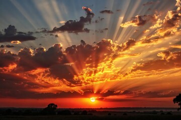Scenic sunset with sun rays shining through dramatic clouds over forest landscape