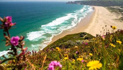 Coastal vista of a beach with wildflowers