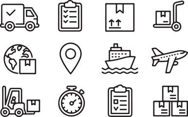 Delivery Service Icons Set Outline Style Logistics and Transportation Elements Vector Illustration