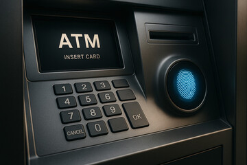 Modern ATM Interface with Fingerprint Scanner and Numeric Keypad Display