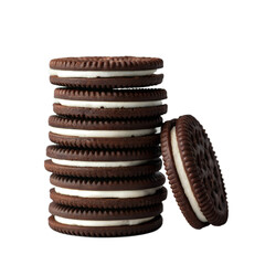 A tall stack of chocolate sandwich cookies with creamy white filling isolated on transparent background