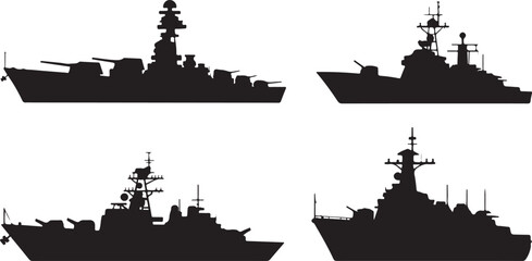 Obraz premium Silhouette Collection of Warships Naval Vessels on Transparent Background Vector Illustration