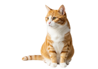 Fluffy ginger and orange domestic short-haired cat with white markings, golden eyes, pink nose, sitting alertly against transparent background, generous copy space, curious studio pet portrait