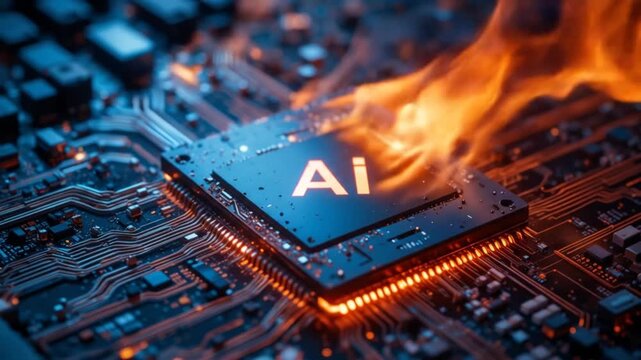 A burning computer chip with the word AI on it. 4k video