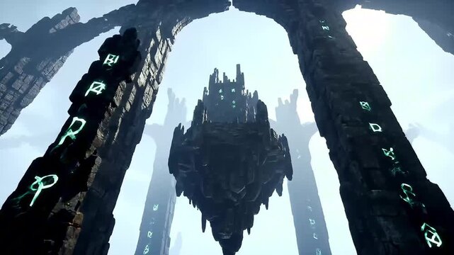 Floating dark castle between ancient runic pillars in fantasy sky