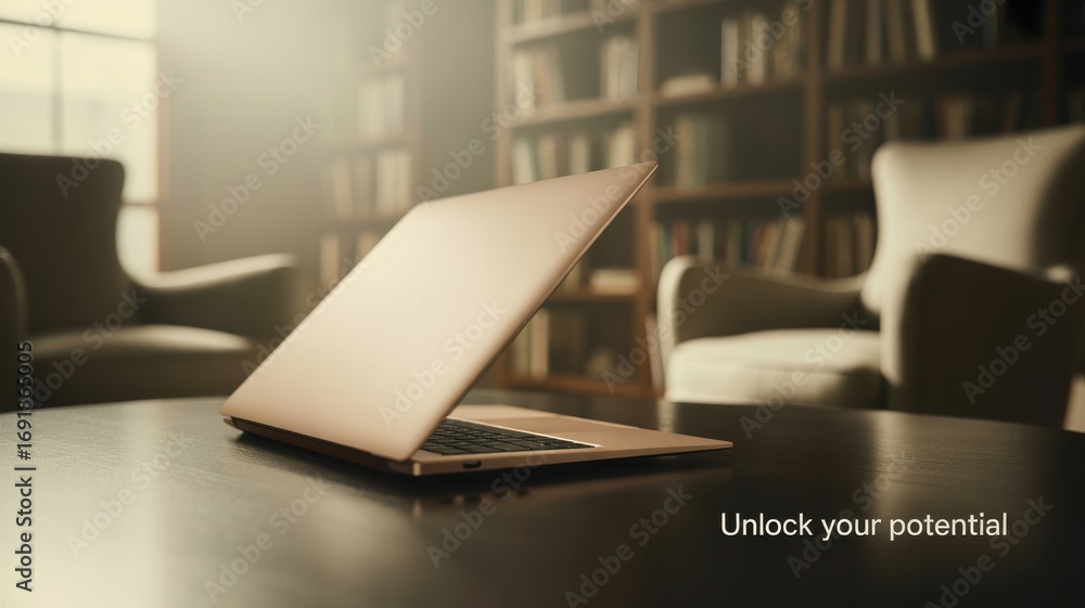 Poster laptop user library concept. open laptop on a table with chairs in a cozy library setting.