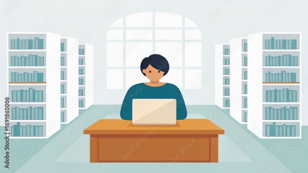 Poster laptop user library concept. a person working on a laptop in a library setting.