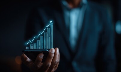 Businessman holds a phone displaying a glowing upward trend graph