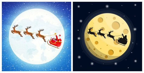 Naklejka premium Santa man on sleigh with reindeer flying against moon in night sky concept. Christmas Eve holiday celebration.