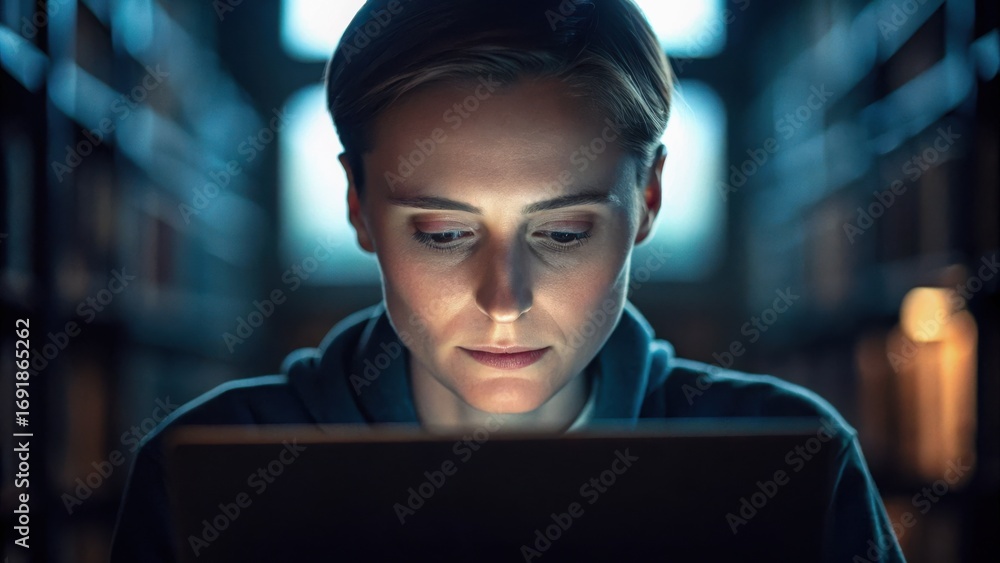 Poster laptop user library concept. focused individual using a laptop in a dimly lit library.