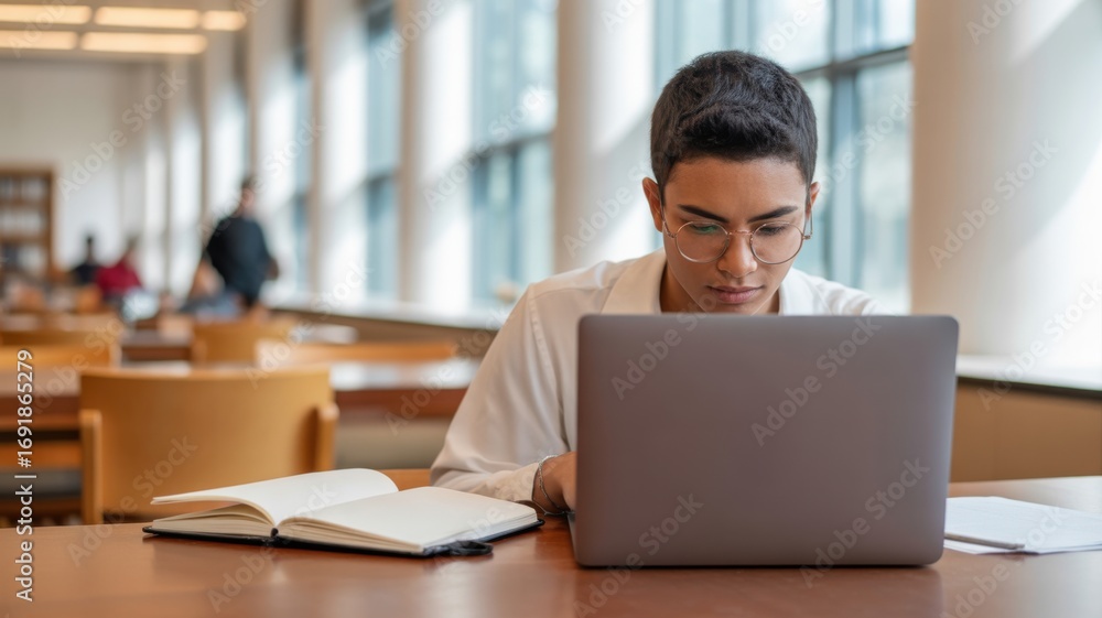 Poster laptop user library concept. focused student working on a laptop in a library setting.