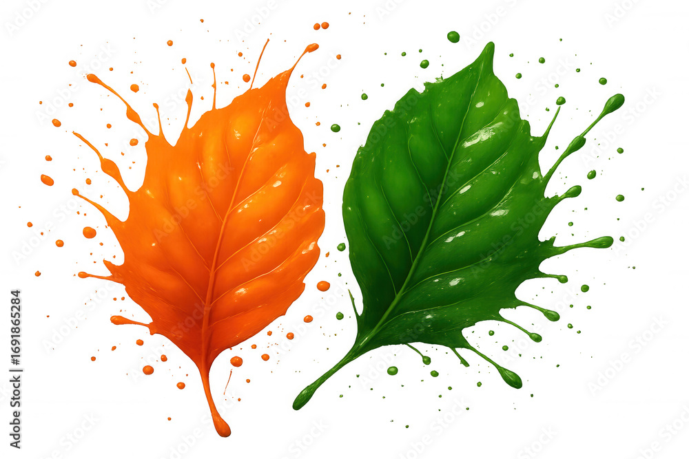 Poster vivid orange and green leaves splashing against transparent backdrop, energetic botanical compositio