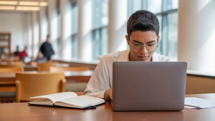 Fototapeta premium laptop user library concept. Focused student working on a laptop in a library setting.