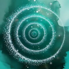 A sparkling white spiral pattern glows against a teal textured background, evoking a cosmic or magical theme with stars and shimmering effects.