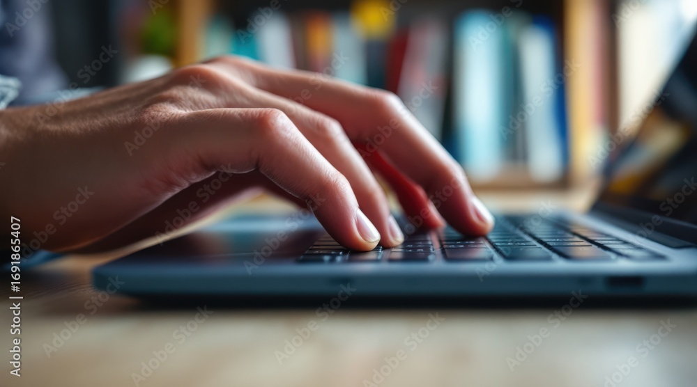 Poster laptop user library concept. close-up of a hand typing on a laptop keyboard.