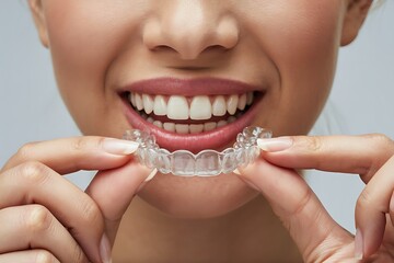 Woman smiling with clear aligner retainer for teeth straightening treatment