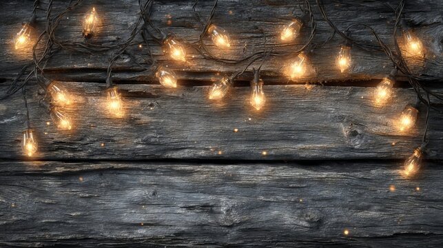 Warm string lights on weathered wood — cozy holiday background with golden bokeh, festive fairy light garland on vintage wooden planks, farmhouse decor texture, copy space for banners and cards