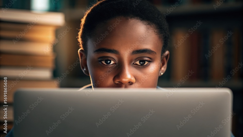 Poster laptop user library concept. focused individual working on a laptop in a study environment.