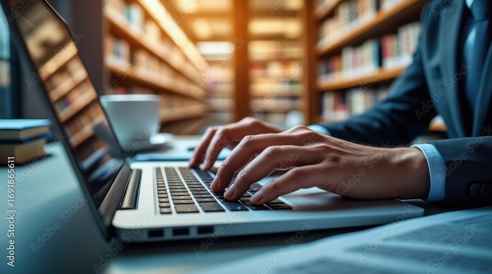 Poster laptop user library concept. focused hands typing on a laptop in a library setting.