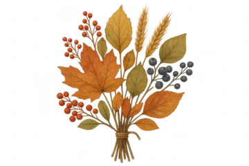 Hand-drawn autumn bouquet displaying vibrant fall leaves, rustic berries, wheat sprigs, resting against transparent backdrop