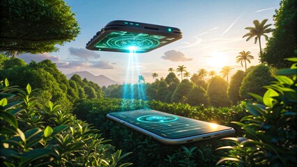 Futuristic smartphone hologram technology in green agriculture field with digital projection 
