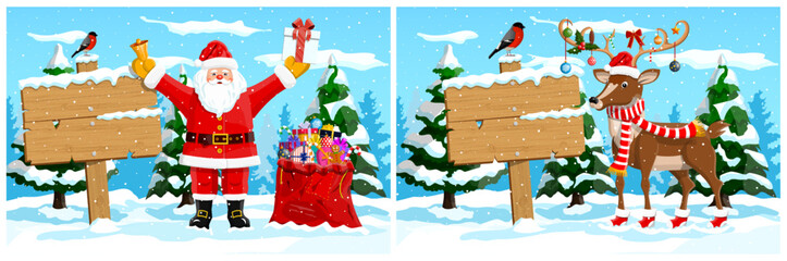 Classic Santa Claus and festive reindeer with a blank wooden sign in a snowy winter forest scene. Christmas holiday banner concept for greeting card.