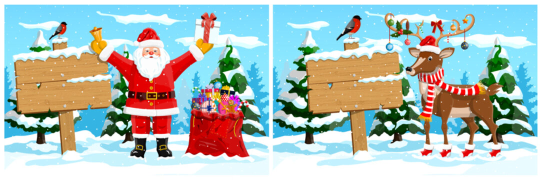 Classic Santa Claus and festive reindeer with a blank wooden sign in a snowy winter forest scene. Christmas holiday banner concept for greeting card.