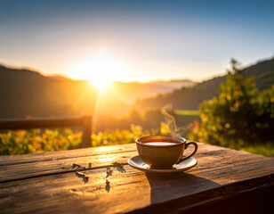 Rustic Ceramic Tea Cup on Wooden Table in Warm Morning Light