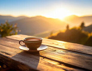 Rustic Ceramic Tea Cup on Wooden Table in Warm Morning Light