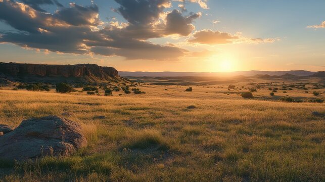 Sunset over wide grass field with rocks and trees natural landscape horizon sky clouds summer evening outdoor view - Powered by Adobe