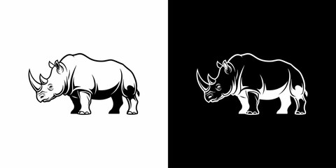 Monochrome rhinoceros standing side view isolated on white flat illustration logo