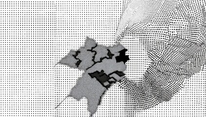 Abstract map overlayed on a dotted background.  Grey map shape with darker shaded regions.  Distorted, hazy dotted area around the map