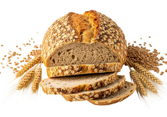 Freshly baked artisanal whole grain bread, golden-brown rustic crust with oats, flax, sesame, sunflower seeds, partially sliced on a bright white surface with wheat stalks, concept of wholesome