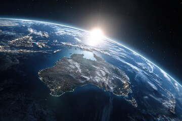 Earth's surface, focusing on Australia, from space, with a sunrise