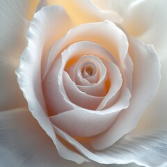 Close-up of a delicate pale peach rose with soft, velvety petals arranged in a perfect spiral.
