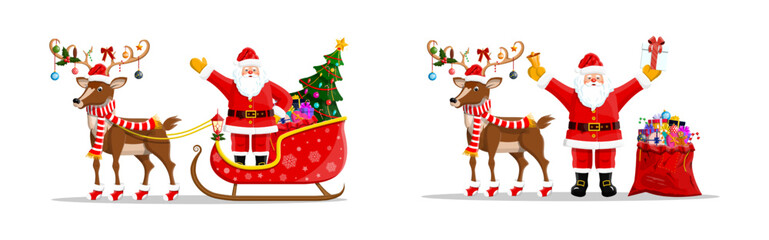 Man Santa claus with reindeer. Christmas holiday character and winter festival concept. New year cute animation element.