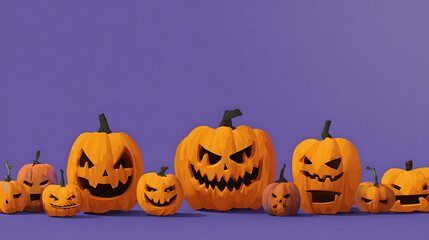 A row of creatively carved Halloween pumpkins with various spooky faces against a purple backdrop