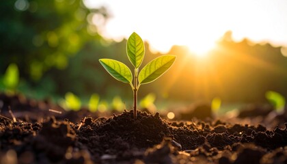 Young sprout emerges from dark soil, bathed in warm sunlight. New life and growth