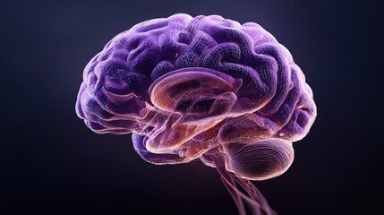 World Meningitis Day. 3D render of human brain with glowing purple meninges layers, semi-transparent anatomical style, floating in dark gradient background, high detail medical visualization